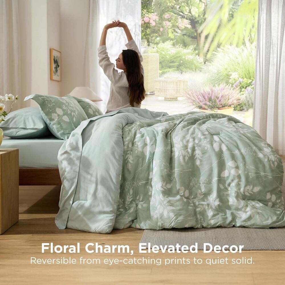 King Size Comforter Set - 7 Pieces Floral Sage Green GentleSoft™ Bedding - Picture 2 of 8